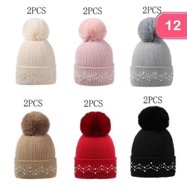PEARL STUDDED POM POM KNIT BEANIE (12 UNITS)