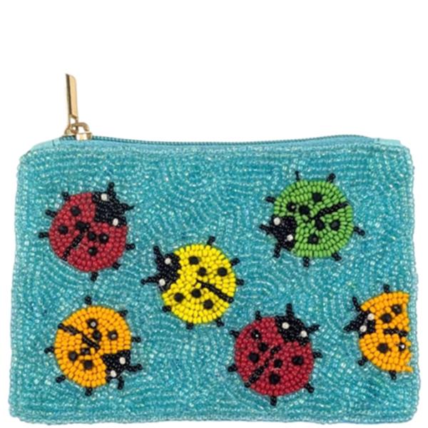 COLORED LADY BUGS BEADED ZIPPER COIN PURSE BAG POUCH