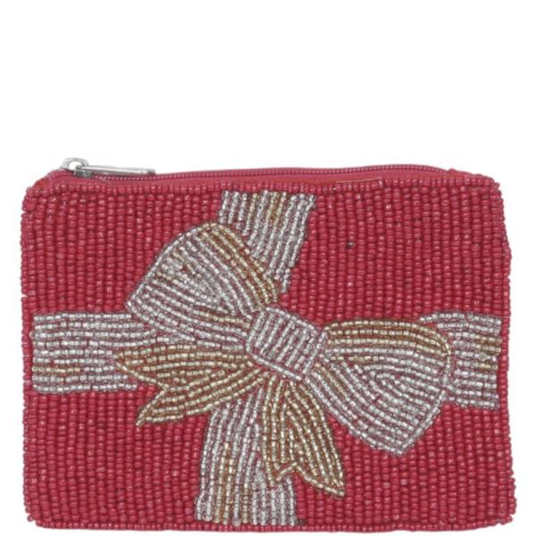 WRAPPING BOW BEADED ZIPPER COIN PURSE BAG POUCH
