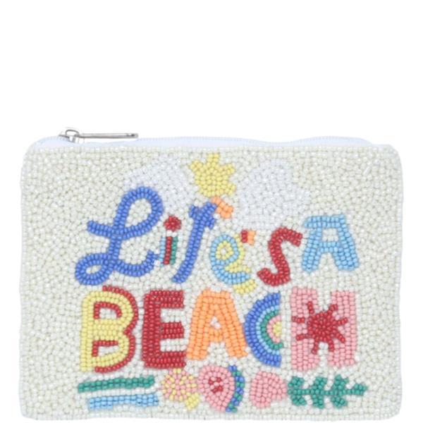 LIFE IS A BEACH BEADED ZIPPER COIN PURSE BAG POUCH