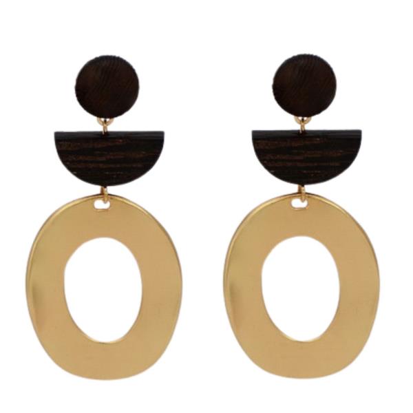 WOOD BEAD OVAL METAL DANGLE EARRING