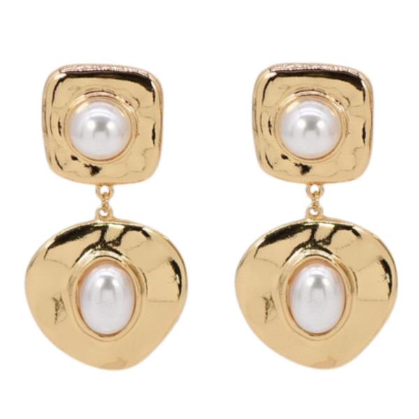 SQUARE ROUND PEARL BEAD LINK DANGLE METAL EARRING