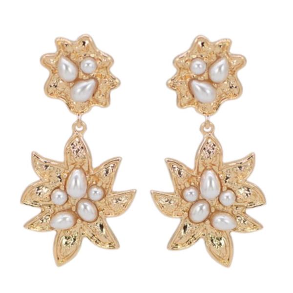 FLOWER METAL PEARL BEAD DANGLE EARRING