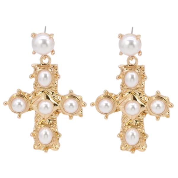 CROSS PEARL BEAD META DANGLE EARRING