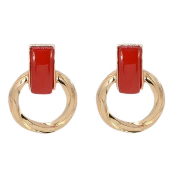 ROUND METAL RECTANGLE STONE EARRING
