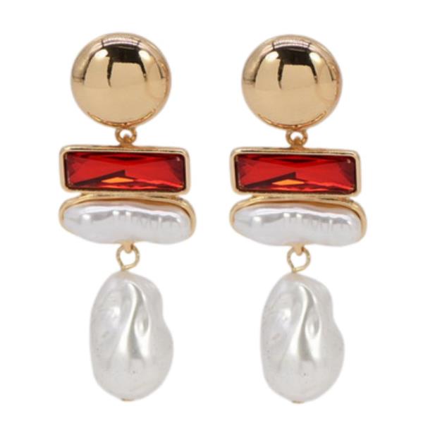 RECTANGLE CRYSTAL METAL PEARL BEAD DANGLE EARRING