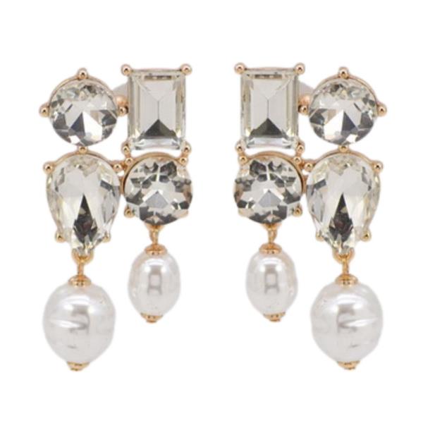 RECTANGLE CRYSTAL PEARL BEAD DANGLE EARRING
