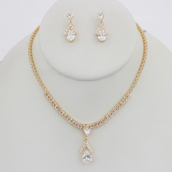 CRYSTAL STONE TEARDROP PENDANT NECKLACE EARRING SET