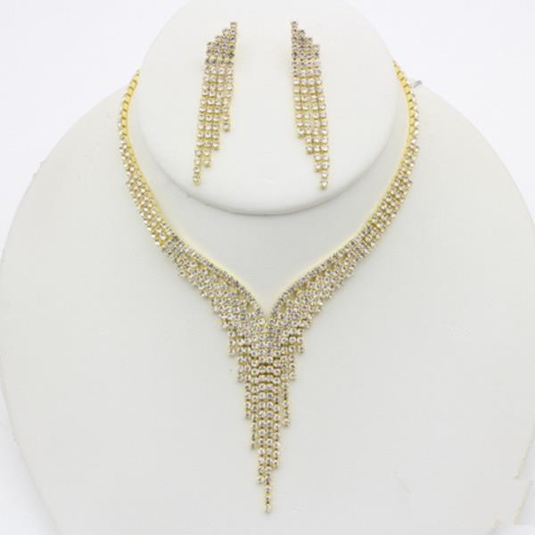 RHINESTONE MULTI V TASSEL NECKLACE EARRING SET