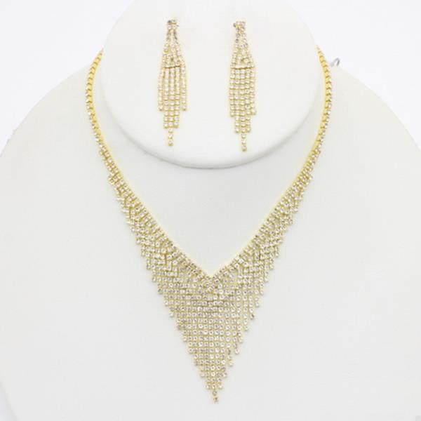RHINESTONE V FRINGE NECKLACE EARRING SET