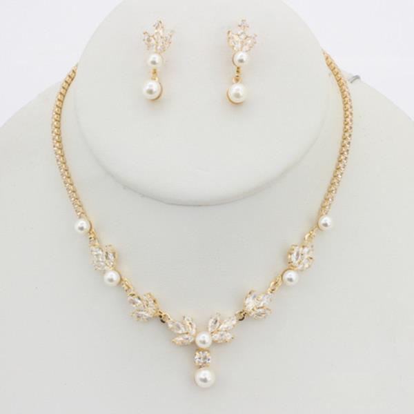 PEARL CZ TEARDROP PENDANT NECKLACE EARRING SET