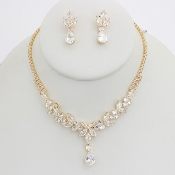 CZ LEAF ROUND STONE PENDANT NECKLACE EARRING SET