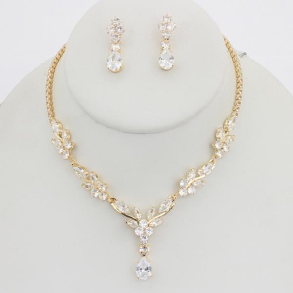 CZ LEAF FLOWER STONE PENDANT NECKLACE EARRING SET