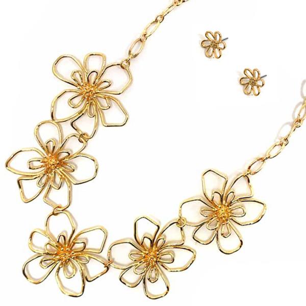 TEXTURED METAL LARGE FLORAL LINK STATEMENT NECKLACE EARRING SET