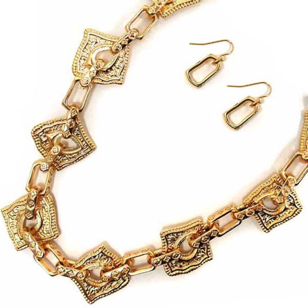 RHINESTONE TEXTURED METAL GEOMETRIC LINK STATEMENT NECKLACE EARRING SET