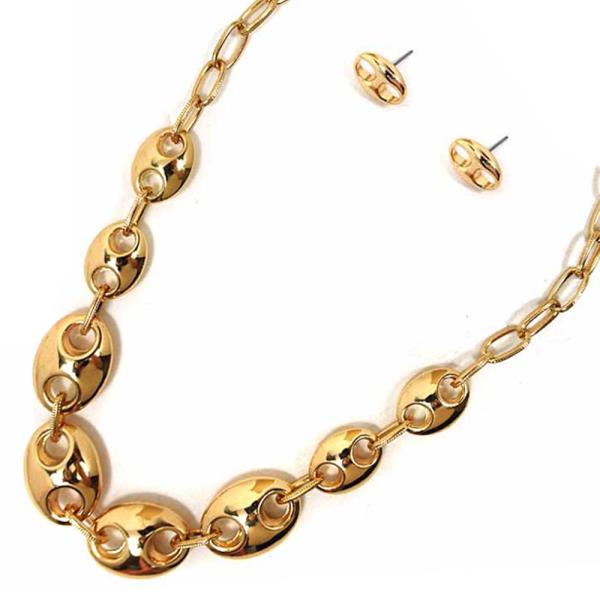 TEXTURED METAL OVAL LINK NECKLACE EARRING SET
