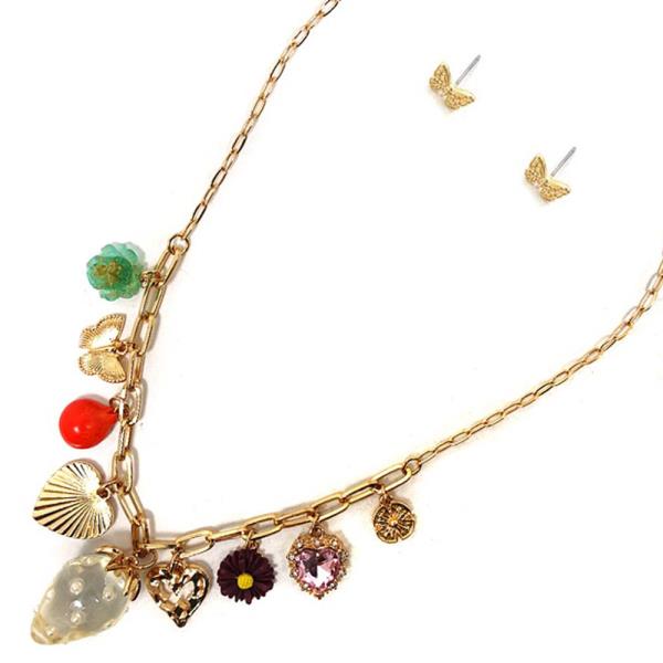HEART STRAWBERRY MULTI CHARM NECKLACE EARRING SET