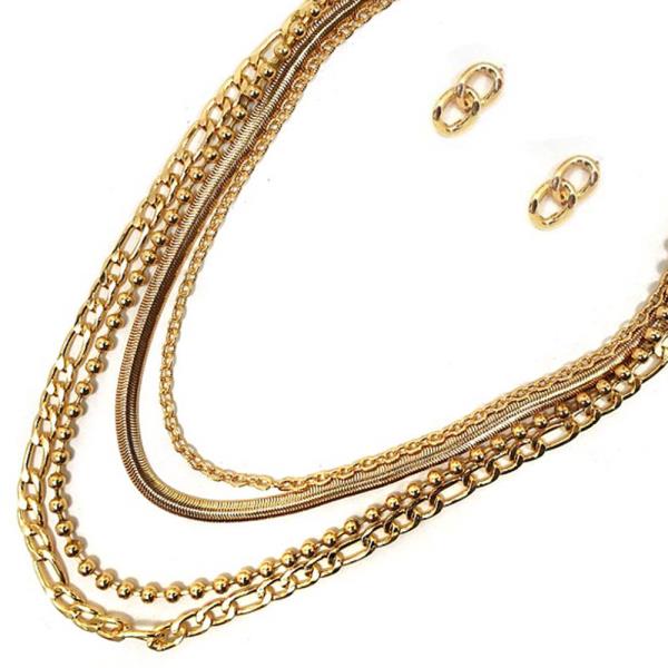 TEXTURED METAL LAYERED MULTI CHAIN NECKLACE EARRING SET