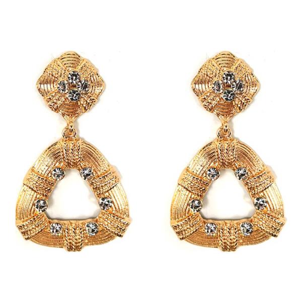 TEXTURED METAL RHINESTONE TRIANGLE DANGLE EARRING