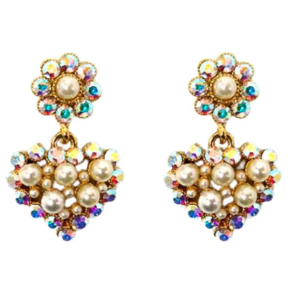 AB RHINESTONE PEARL MIX HEART DANGLE EARRING