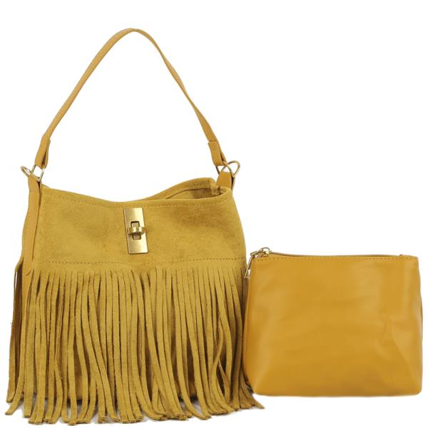 2IN1 FRINGE DESIGN BUCKET HANDLE BAG W POUCH SET