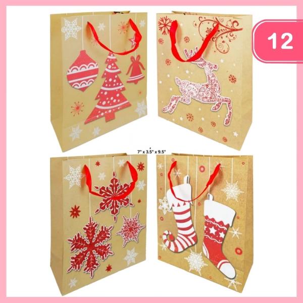 SMALL HOLIDAY GIFT BAGS WITH RED & WHITE DECOR (12 UNITS)