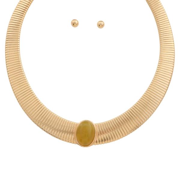 ACETATE OVAL STONE FLAT CHAIN METAL NECKLACE