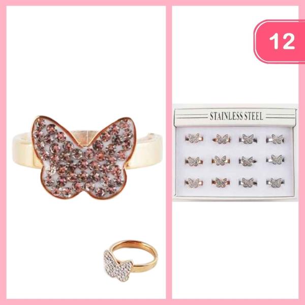 STAINLESS STEEL RHINESTONE BUTTERFLY RING (12 UNITS)