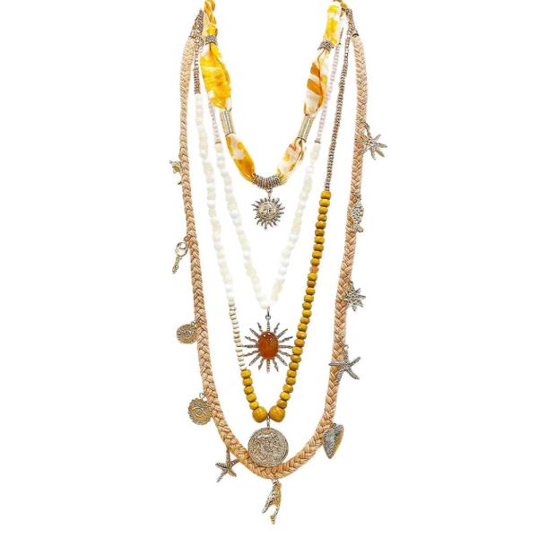 MULTI CHARM BEADED BRAIDED LINK LAYERED NECKLACE