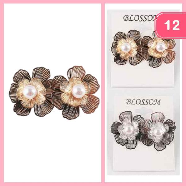 METAL PEARL FLOWER EARRINGS (12 UNITS)
