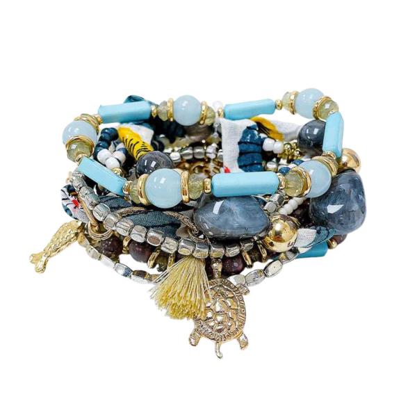 MIXED CHARM MIX BEAD TASSEL BRACELET SET