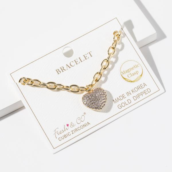 GOLD DIPPED CUBIC ZIRCONIA CHAIN LINK HEART PENDANT BRACELET