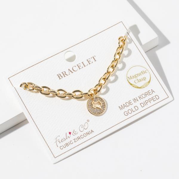 GOLD DIPPED CUBIC ZIRCONIA CHAIN LINK TEXAS PENDANT BRACELET