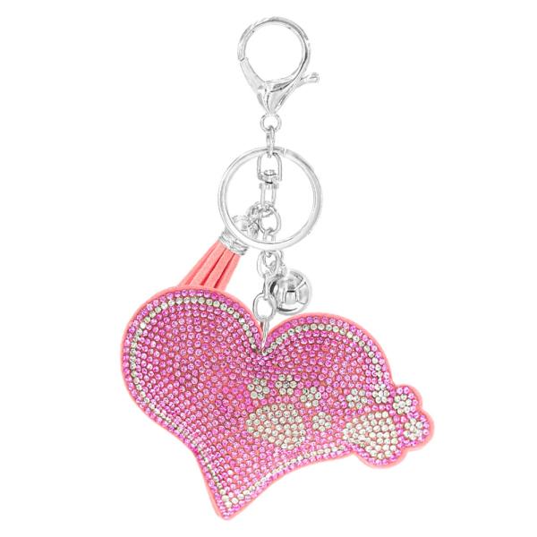 RHINESTONE HEART PAW KEYCHAIN WITH TASSEL