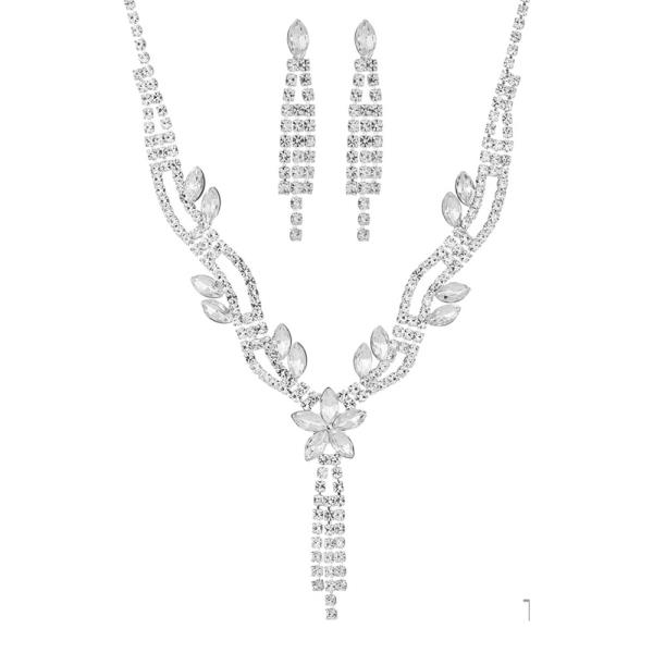 RHIENSTONE FLOWER TASSEL NECKLACE EARRING SET