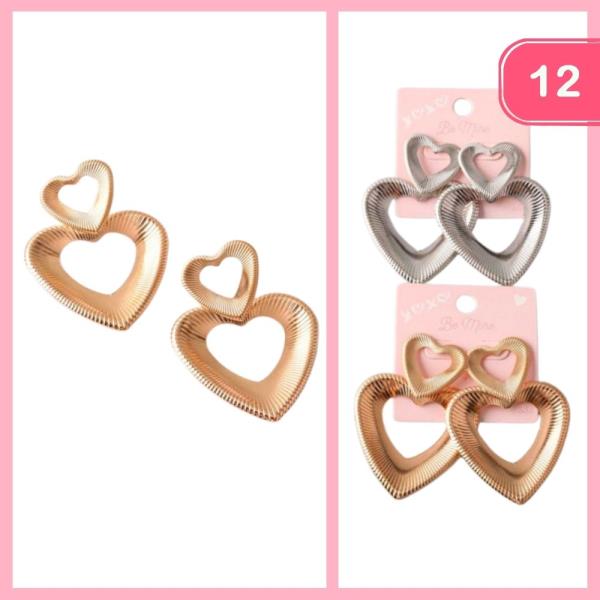 RIBBED HEART SHAPE DROP EARRING (12 UNITS)