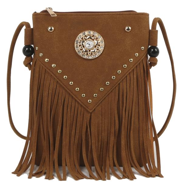 VINTAGE RHINESTONE STUD DESIGN TASSEL CROSSBODY BAG