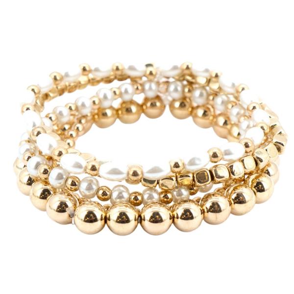 MULTI LAYERED ROUND PEARL METAL BEAD BRACELET SET