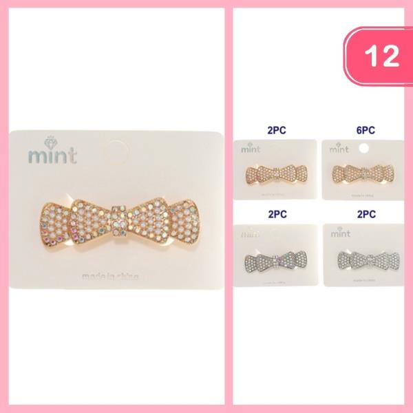 RHINESTONE PEARL BOW BARRETTE HAIR PIN (12 UNITS)