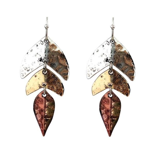 WESTERN TRI TONE METAL LEAF DANGLE EARRING