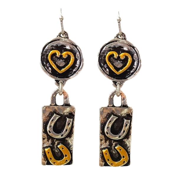 WESTERN METAL HEART RECTANGLE DANGLE EARRING