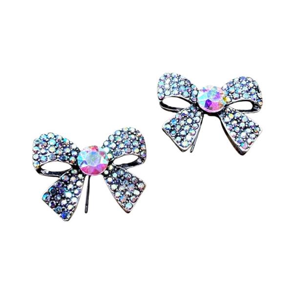 RHINESTONE METAL BOW CRYSTAL STUD EARRING