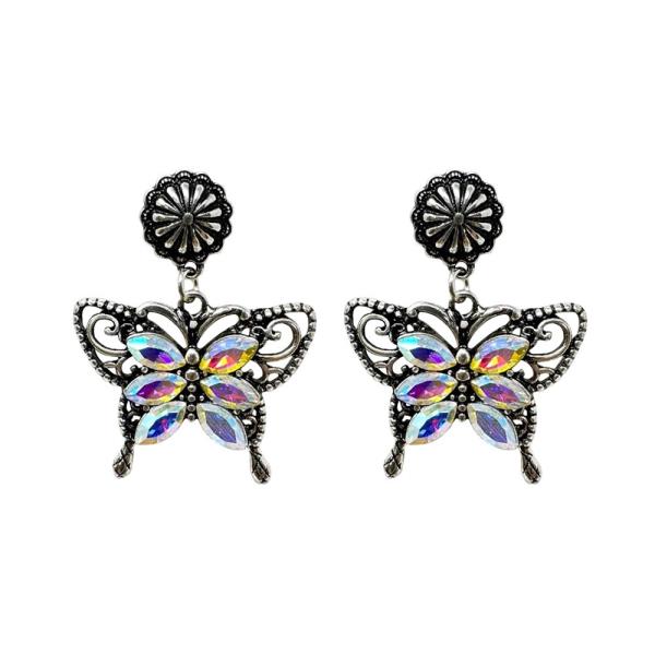 WESTERN METAL BUTTERFLY CRYSTAL DANGLE EARRING