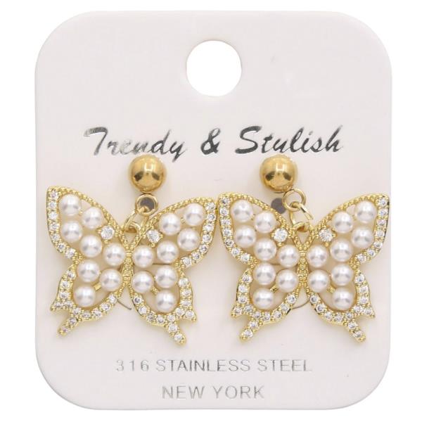 PEARL BUTTERFLY STAINLESS STEEL DANGLE EARRING