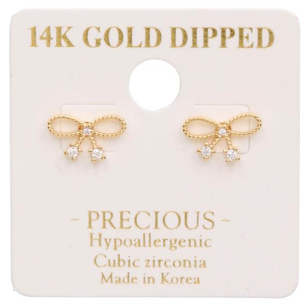 14K GOLD DIPPED RIBBON BOW CZ POST EARRING