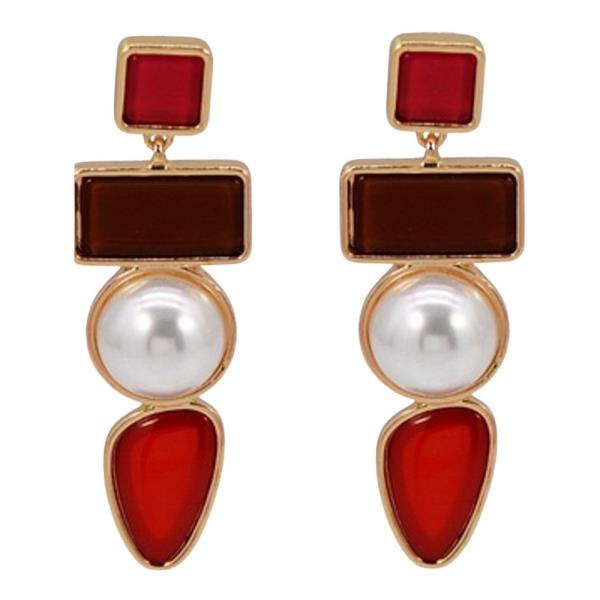 TEXTURED METAL PEARL ACCENT DANGLE EARRING