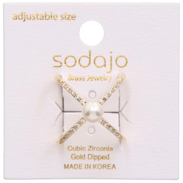 SODAJO PEARL BEAD CZ CRISS CROSS GOLD DIPPED ADJUSTABLE RING