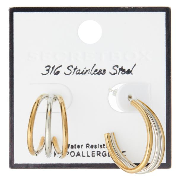 SECRET BOX STAINLESS STEEL 3 LINE TWO TONE EARRING