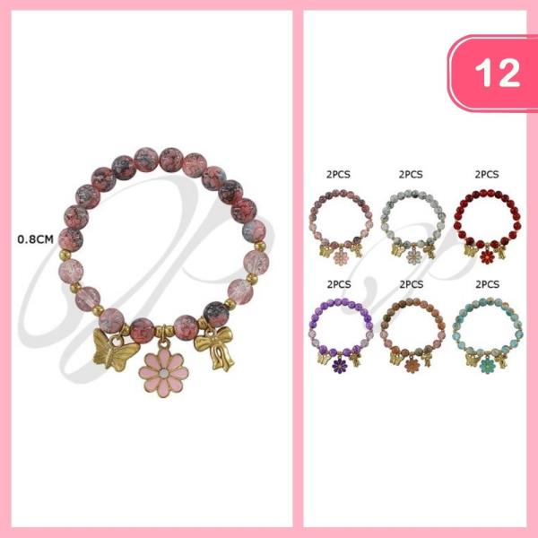 BEADED FLOWER BUTTERFLY BOW CHARM BRACELET (12 UNITS)