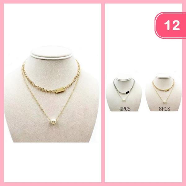 2 LAYERED METAL CHAIN PEARL PENDANT NECKLACE (12 UNITS)
